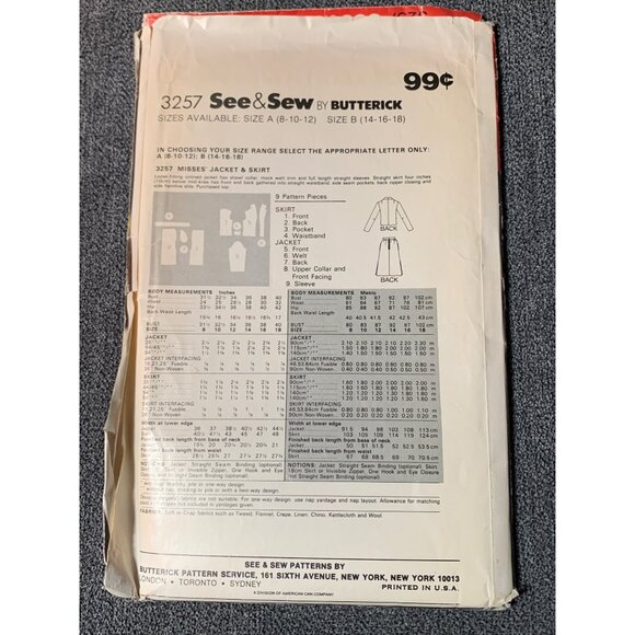 Butterick See & Sew 3257 Misses' Coat & Skirt Pattern Size B (14-16-18) - uncut - Picture 2 of 2